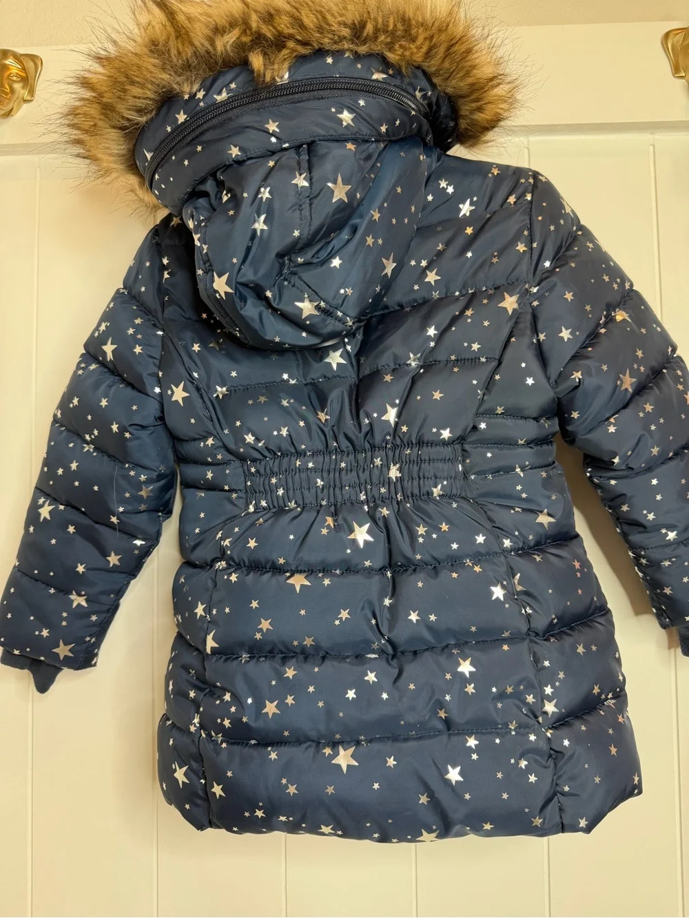 Girls' Navy Star-Print Hooded Puffer Coat with Faux-Fur Trim